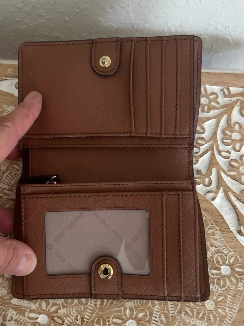 Michael Kors White Logo Crossbody with Brown Trim and Gold Hardware
